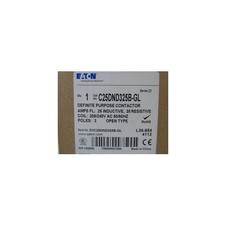 Eaton Definite Purpose Contactor, 3 P, Non-Reversing, Quick Connect & Screw C25DND325B-GL